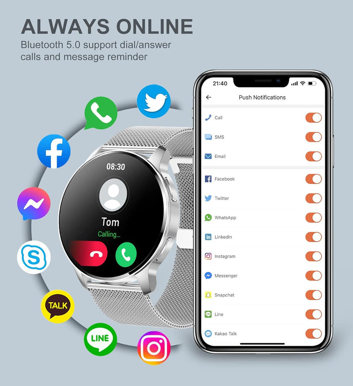 Iaret Smartwatch, 1,32 Zoll runde Armbanduhr mit Telefonfunktion personalisiertem Bildschirm, Musiks