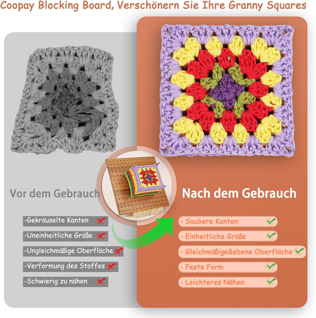 Coopay Granny Square Spanner, Gross Bambus Blocking Board 29 x 29 cm, Blocking Board Häkeln und 30 E