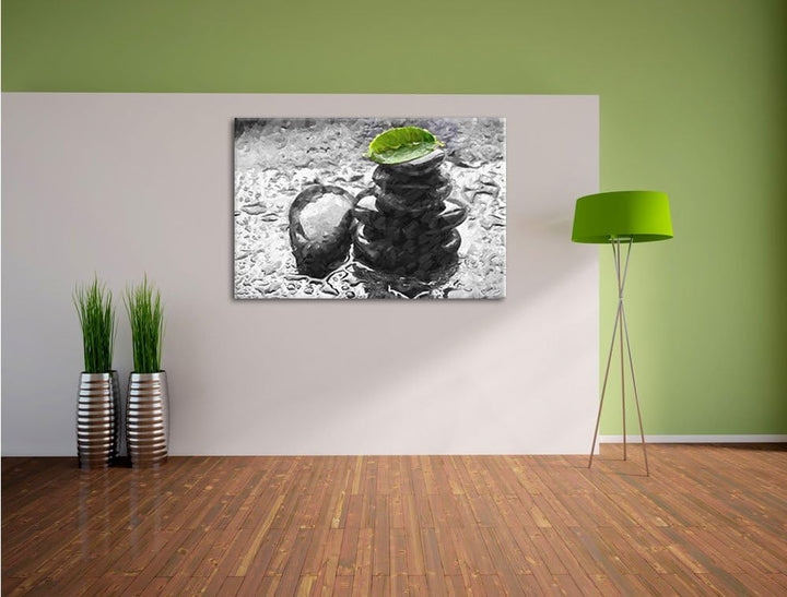 Pixxprint Zensteinturm im Regen als Leinwandbild/Grösse: 100x70 cm/Wandbild/Kunstdruck/fertig bespan