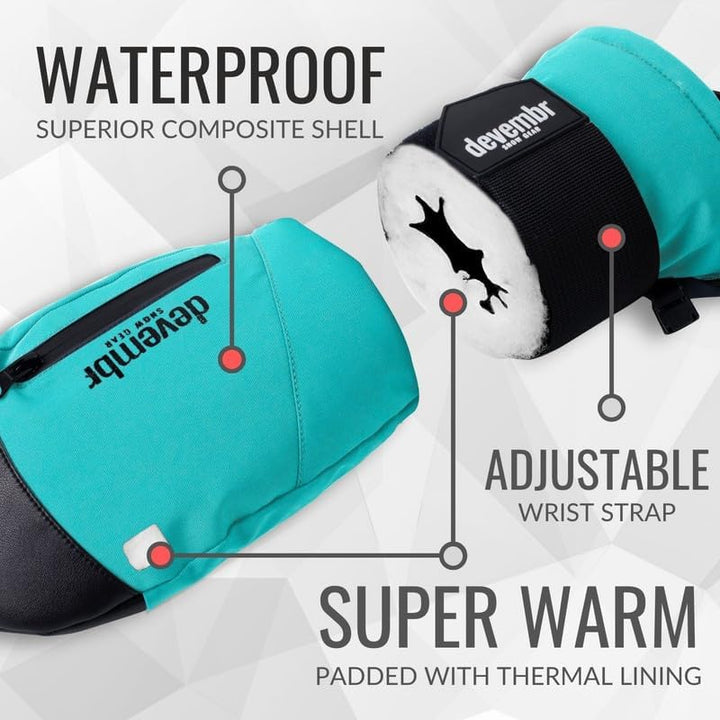 devembr Ski-Fäustlinge mit Handgelenkschützern, Warme Snowboard-Fäustlinge, Wasserdicht (S/M/L) Blau