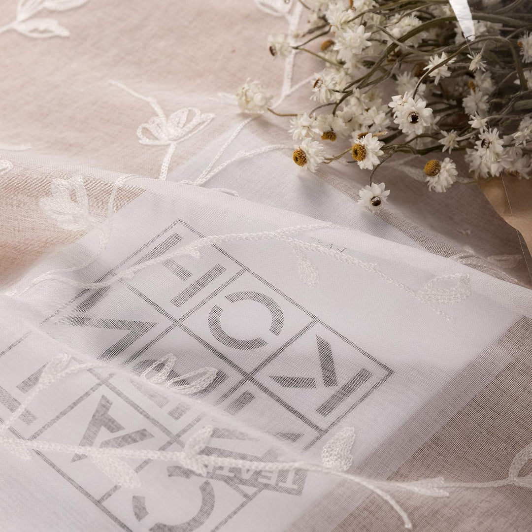 WOLTU VH6056ws-2, 2er Set Gardinen transparent Blumen Stickerei mit Kräuselband Leinen Optik, Doppel