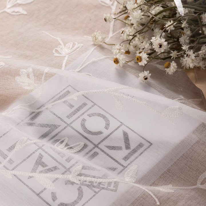 WOLTU VH6056ws-2, 2er Set Gardinen transparent Blumen Stickerei mit Kräuselband Leinen Optik, Doppel