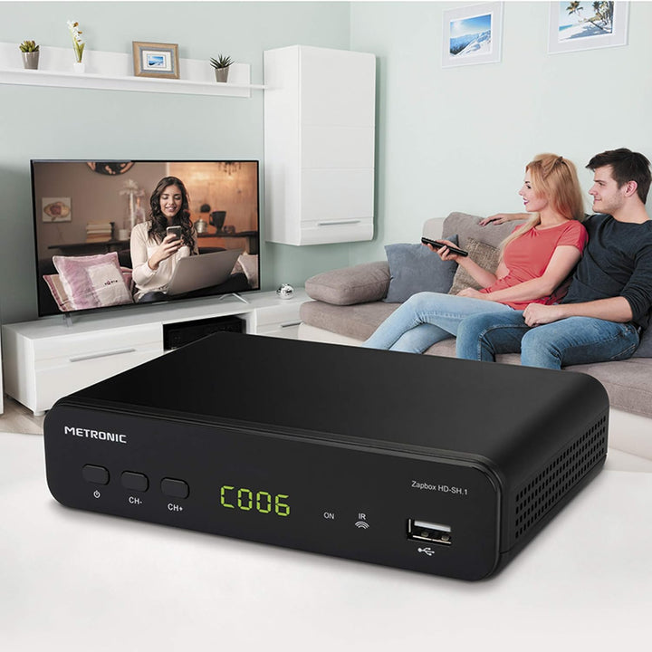 Metronic 441624 Zapbox HD-SH.1 DVB-T2 HEVC Receiver, PVR-Funktion, USB-Buchsen, HDMI, SPDIF, RJ45, F