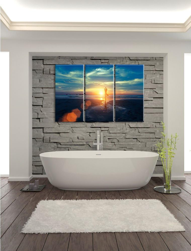 Pixxprint Yoga Silhouette am Strand als Leinwandbild/Grösse: 3 Teilig (120x80) / Wandbild/Kunstdruck