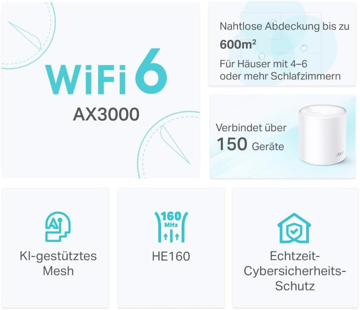 TP-Link Deco X50 Mesh WLAN Set (3 Pack), Wi-Fi 6 AX3000 Dual Band Router & Repeater, 3x Gigabit Port