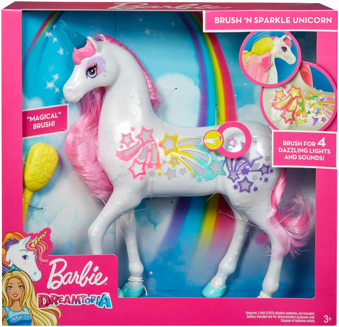 Barbie Einhorn, Dreamtopia Brush 'N Sparkle Unicorn, Barbie Zubehör mit magischer Bürste für 4 Licht