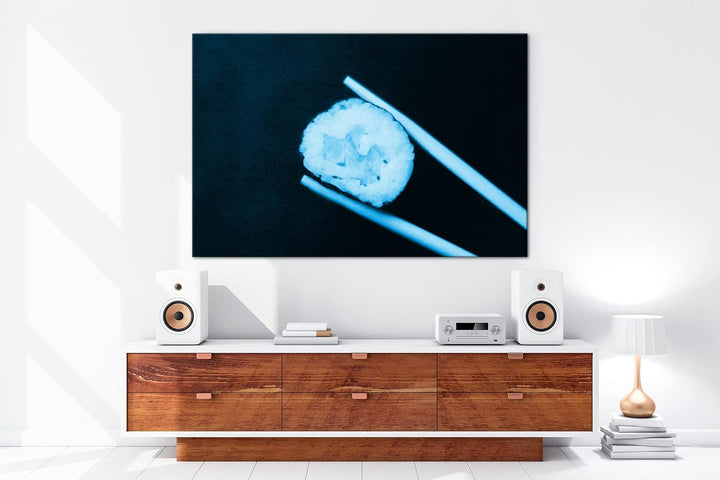 deyoli Sushi auf Essstäbchen Format 80x60 Effekt: Monocrome Blau als Leinwandbild, Motiv fertig gera