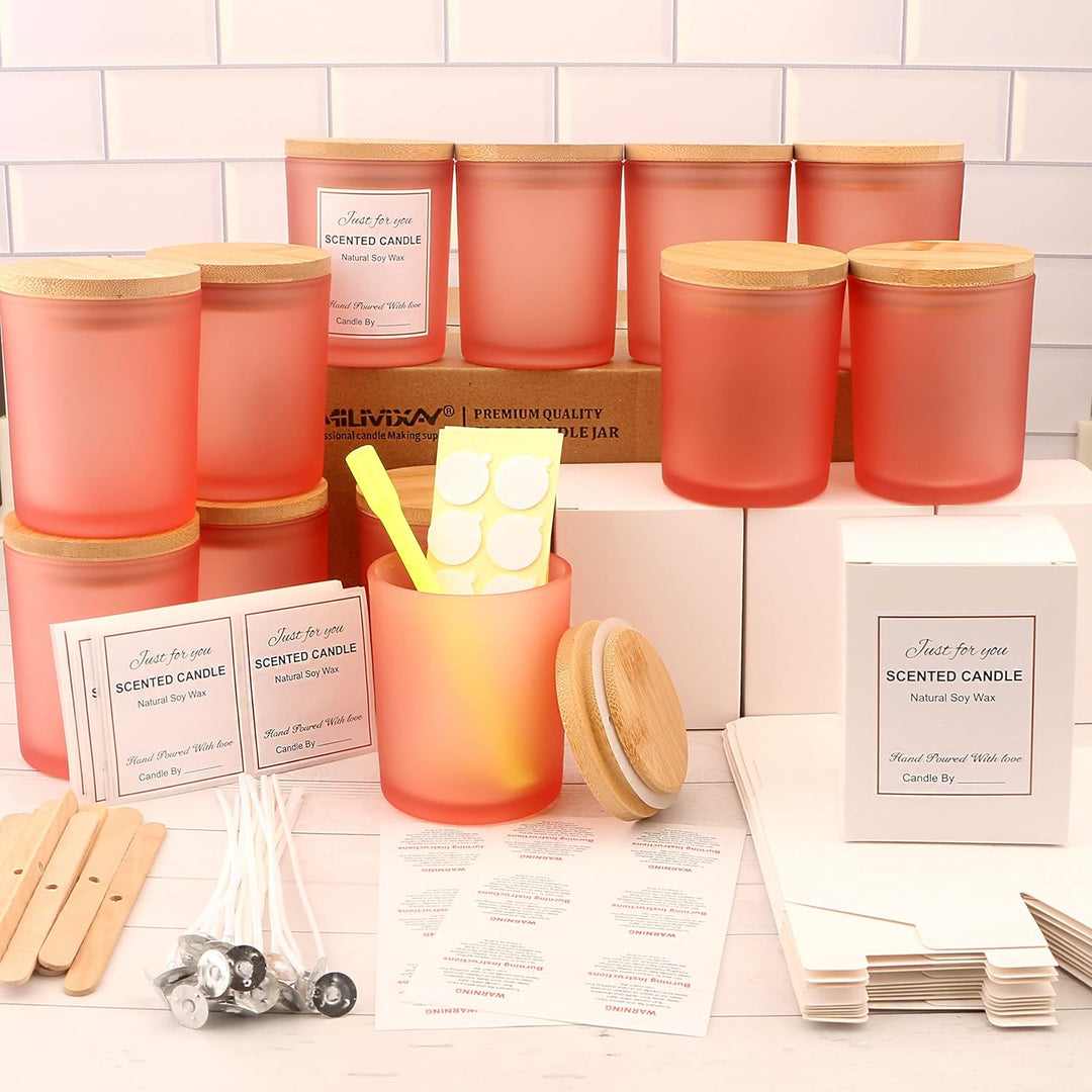MILIVIXAY 12 Stück 340 ml mattrosa Glaskerzengläser mit Deckel und Kerzenherstellungs-Kits – leere K