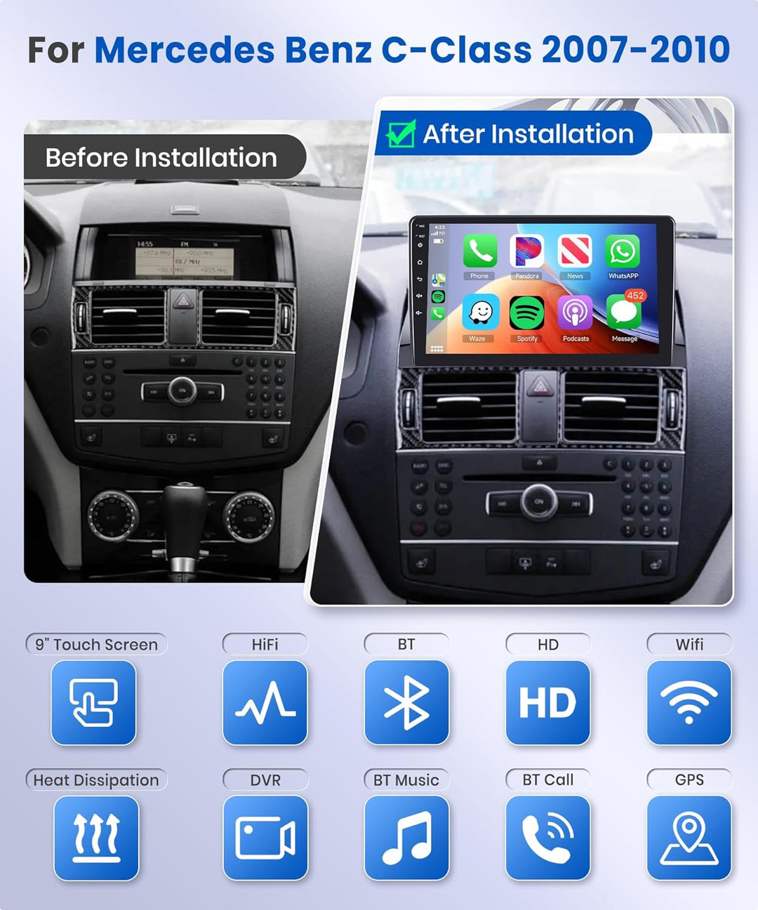 Für Mercedes C-klasse W204 S204 2007-2014 2+32G Podofo Android 11 Autoradio Apple Carplay Wireless H