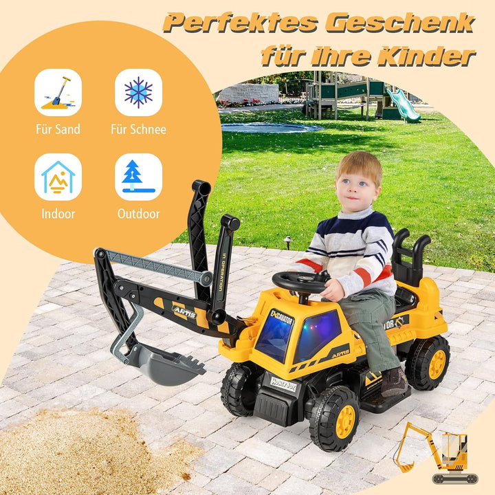 COSTWAY 6V Kinder Sitzbagger mit drehbarer & Verstellbarer Schaufel, Elektro Kinderbagger mit LED Li