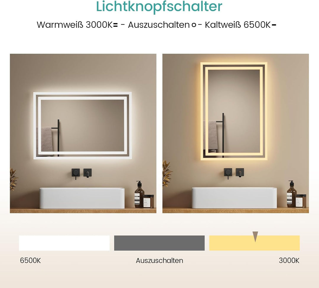 EMKE Badspiegel mit Beleuchtung 40x60cm LED Badspiegel Antibeschlag Kaltweiss Warmweiss Lichtspiegel