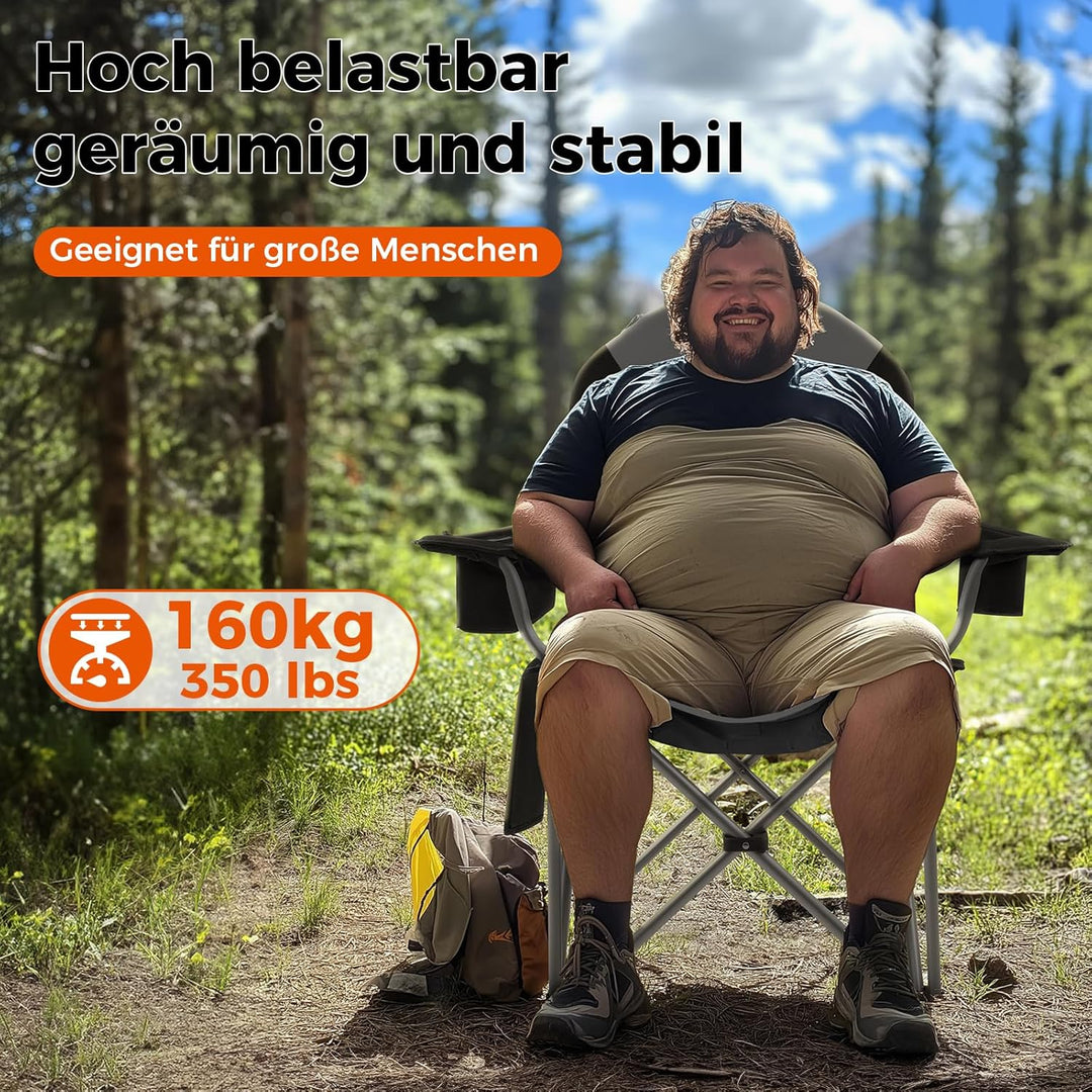 KingCamp Campingstuhl mit Verstellbarer Rückenlehne und Kühltasche bis 160 kg belastbar Schwarz, Sch