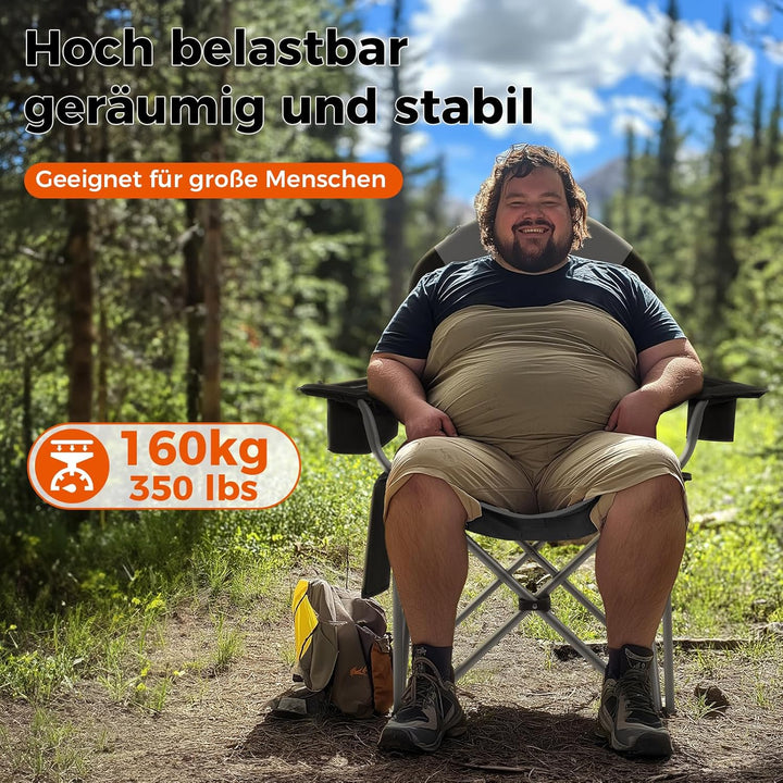 KingCamp Campingstuhl mit Verstellbarer Rückenlehne und Kühltasche bis 160 kg belastbar Schwarz, Sch