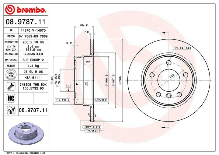 Brembo 08.9787.11 Hintere Bremsscheibe mit UV Lackierung, Anzahl 2