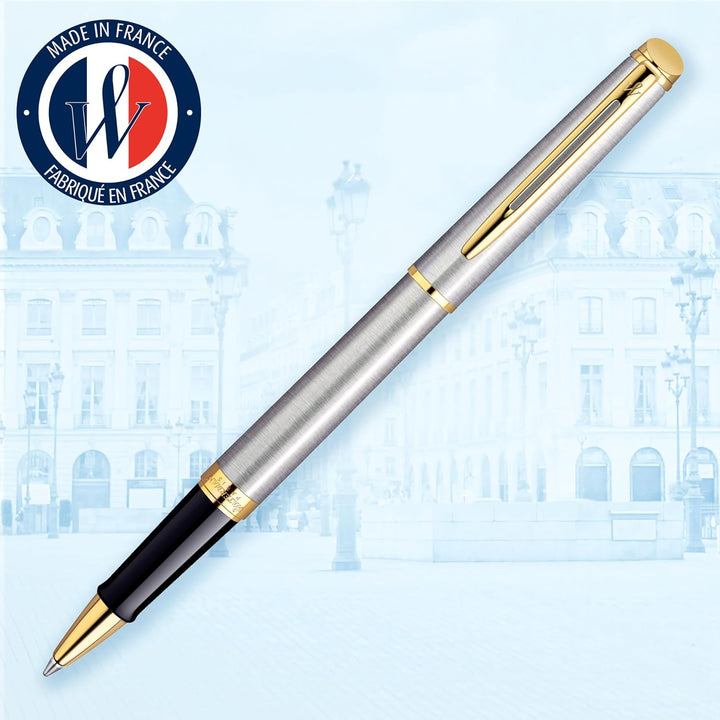 Waterman Hémisphère Tintenroller , Edelstahl mit Zierteile aus 23 K Gold , feine Spitze , Schwarze T