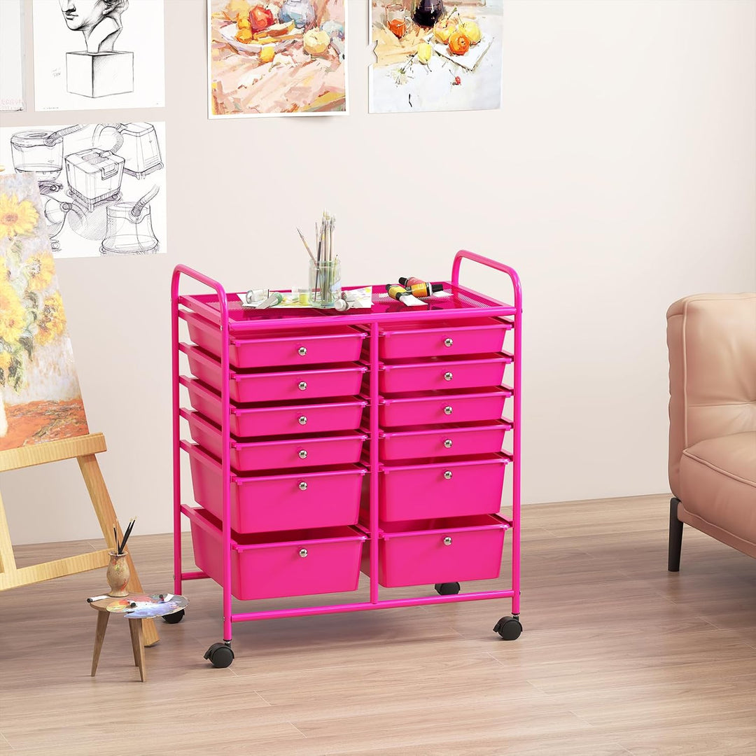 COSTWAY Rollwagen mit 12 stapelbaren Schubladen, Schubladenwagen Rollcontainer mit Metallgestell und