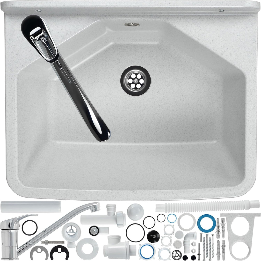 gospo Ausgussbecken mit Armatur, Siphon, 46 x 37 x 20 cm, Waschbecken aus Kunststoff, Waschtrog für