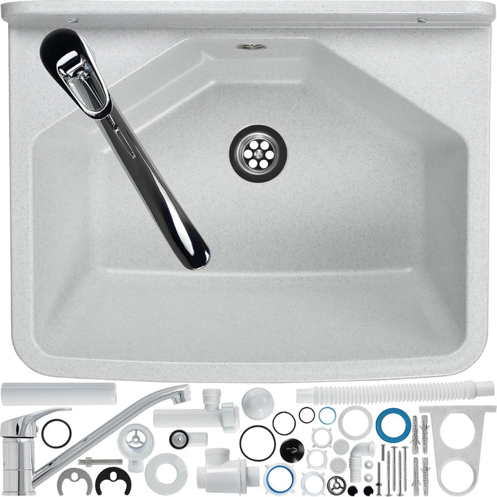 gospo Ausgussbecken mit Armatur, Siphon, 46 x 37 x 20 cm, Waschbecken aus Kunststoff, Waschtrog für