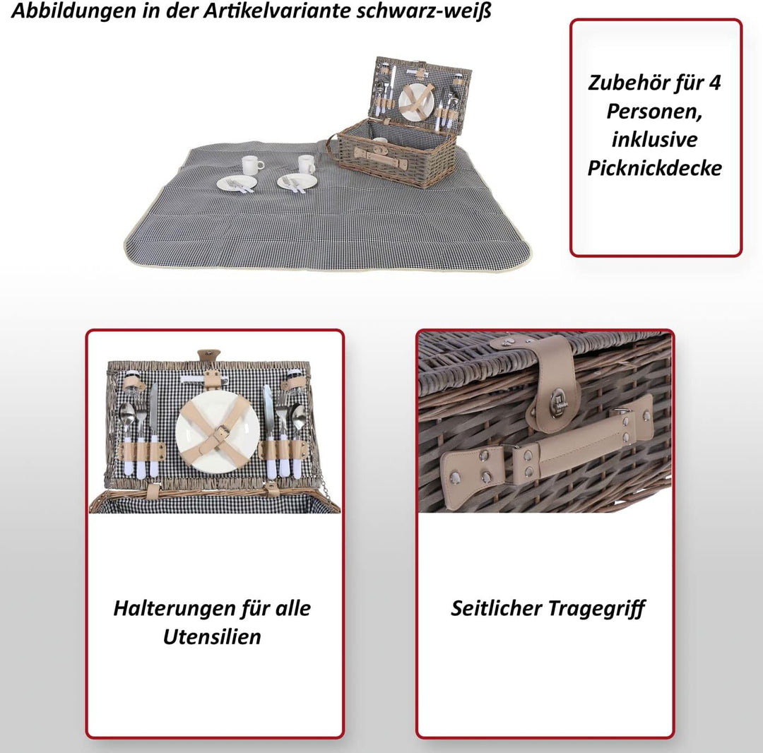 Mendler Picknickkorb-Set HWC-B24AM für 4 Personen, Weiden-Korb, Porzellan Edelstahl - schwarz-weiss,