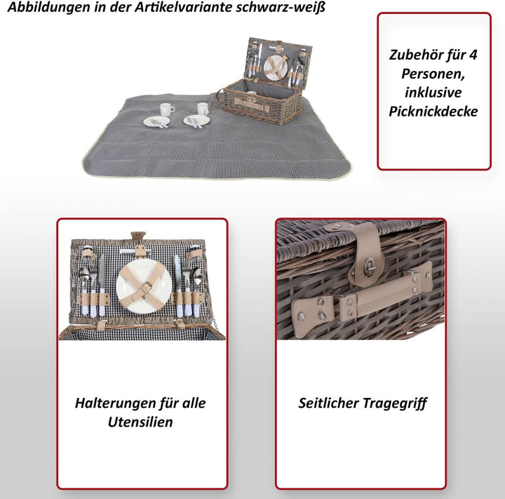 Mendler Picknickkorb-Set HWC-B24AM für 4 Personen, Weiden-Korb, Porzellan Edelstahl - schwarz-weiss,