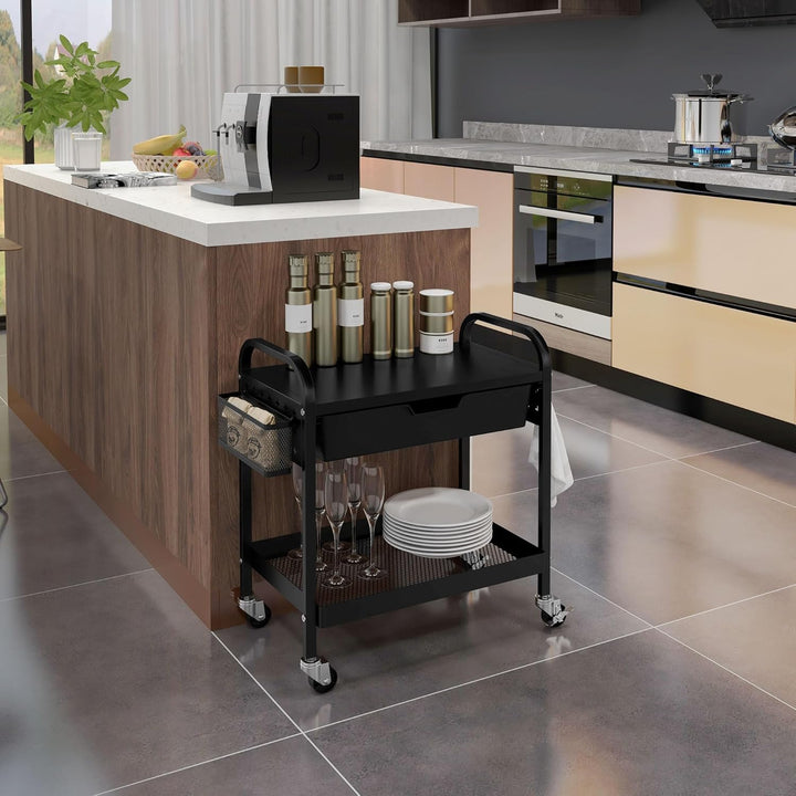 HOMCOM Servierwagen, Rollwagen mit 1 Schublade, 1 Ablage, Aufbewahrungswagen Beistellwagen mit Haken