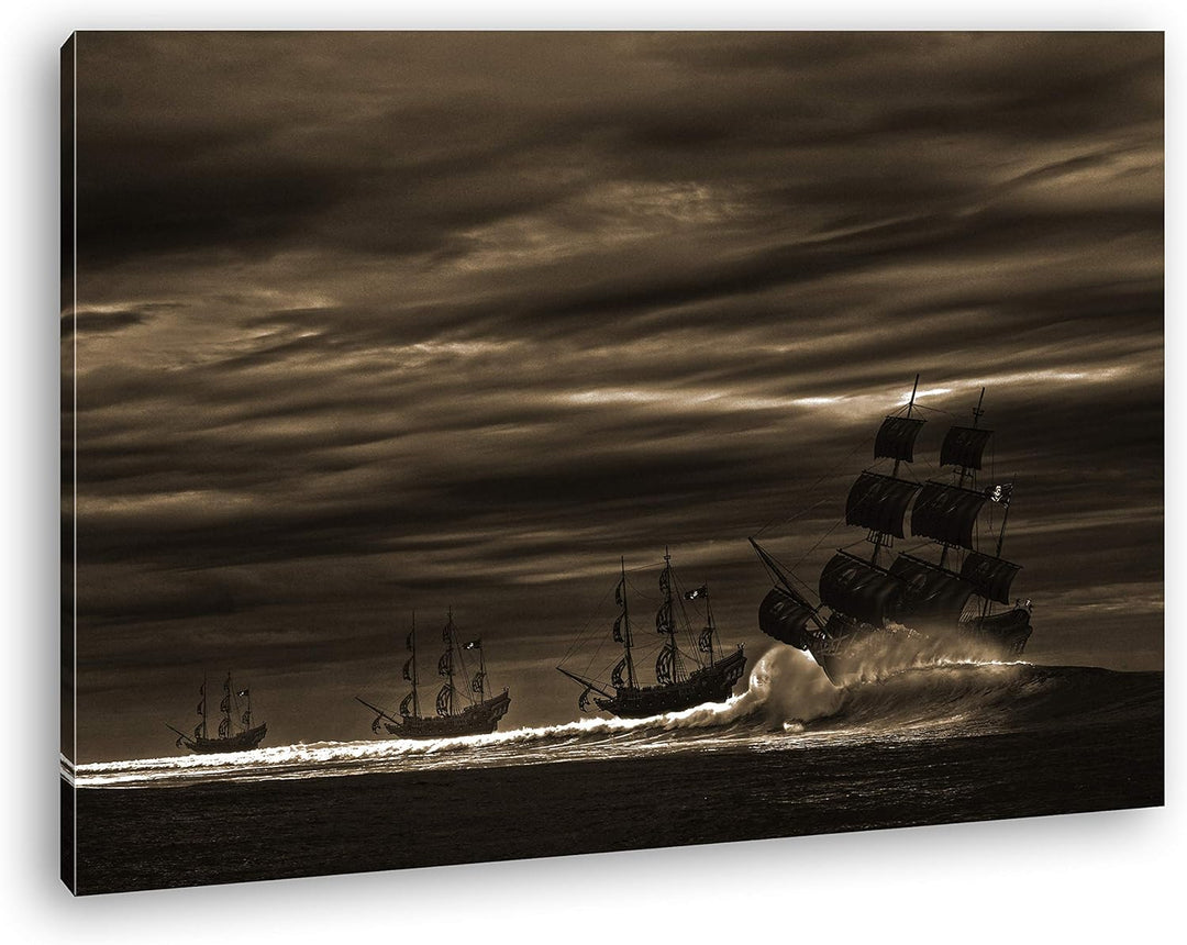 deyoli Piratenschiffe auf hoher See Format: 80x60 Effekt: Sepia als Leinwandbild, Motiv fertig gerah