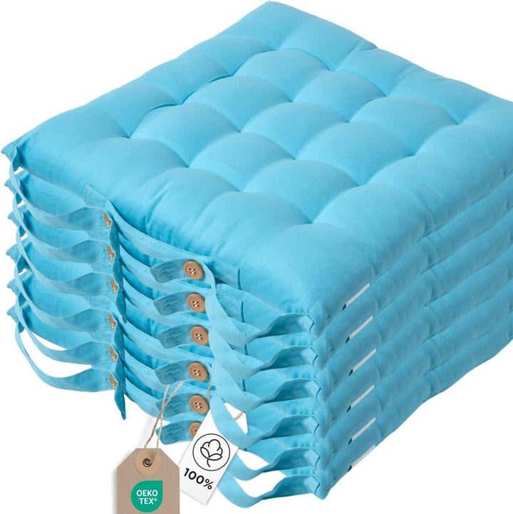 Homescapes 6er Set Stuhlkissen 40 x 40 cm, blau/hellblau, Sitzkissen mit Bändern und Knopfverschluss