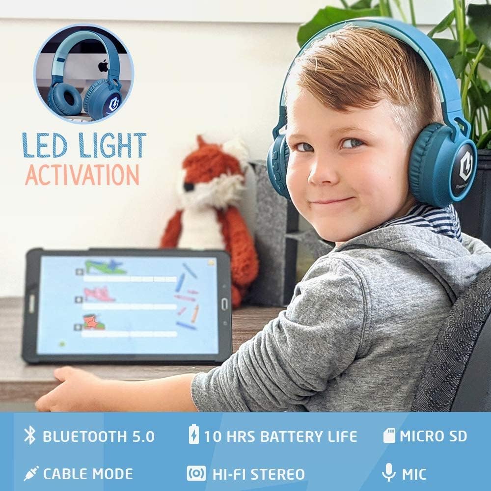 PowerLocus Kinderkopfhörer Bluetooth, Kinder Kopfhörer Over-Ear mit 85db Lautstärkebegrenzung LED-li