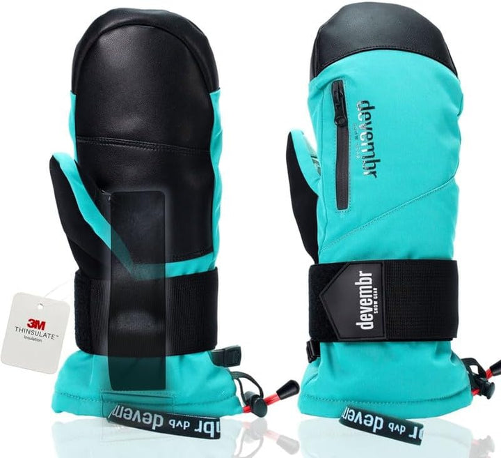 devembr Ski-Fäustlinge mit Handgelenkschützern, Warme Snowboard-Fäustlinge, Wasserdicht (S/M/L) Blau