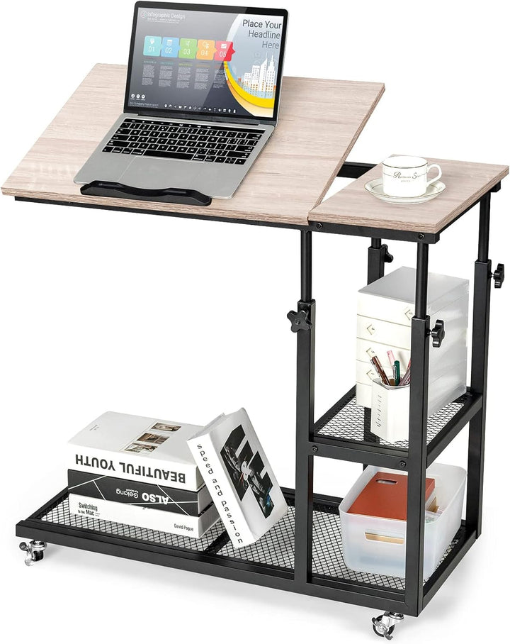 COSTWAY Laptoptisch mit höhen- und neigungsverstellbar, 3 Ebenen Beistelltisch, C-förmiger Sofatisch