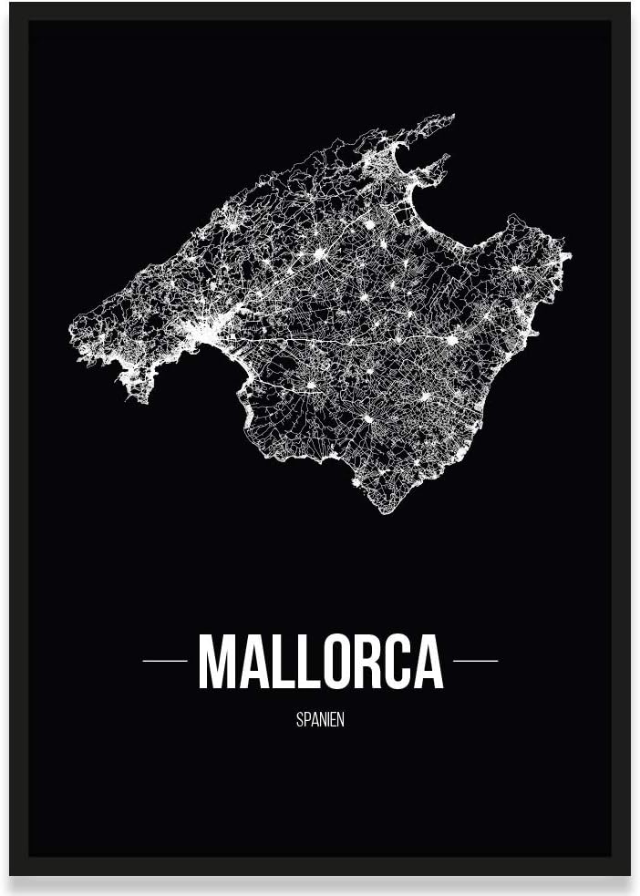JUNIWORDS Stadtposter, Mallorca, Wähle eine Grösse, 30 x 40 cm, Poster mit Rahmen, Schrift B, Schwar