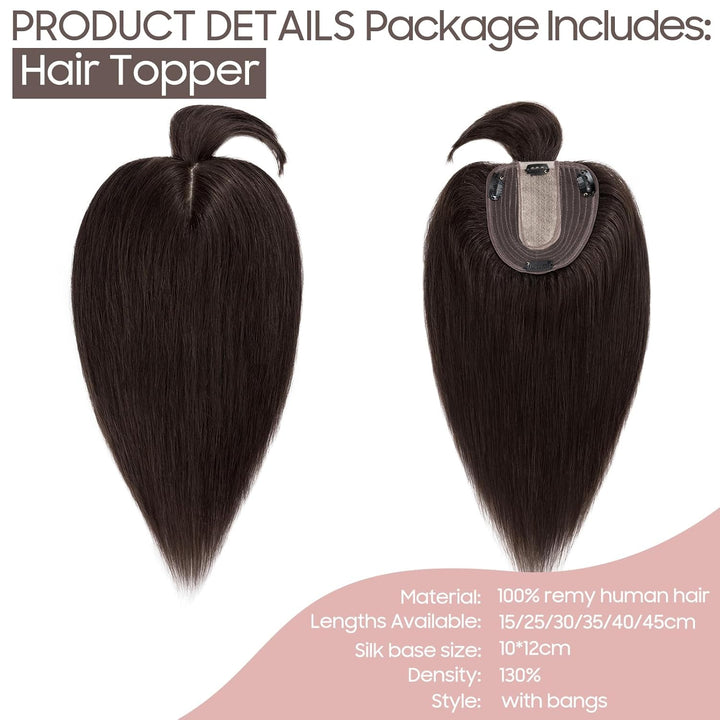 Silk-co Hair Topper Echthaar mit langem Pony, Toupet Damen 10x12cm Basis, Haartopper Echthaar mit Re