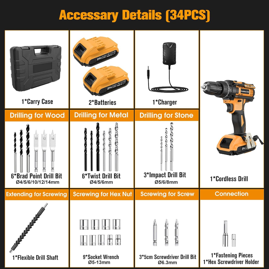 Akkuschrauber 21V, Bohrschrauber mit 2 Akkus 2.0Ah, 42Nm Akku Bohrmaschine, 2 Gang, 25+3 Drehmoments