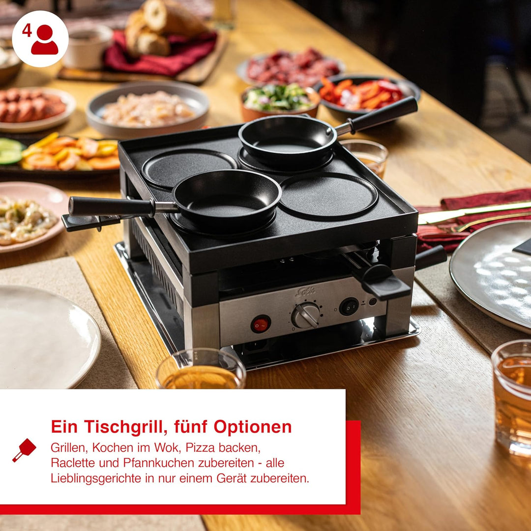 Solis Tischgrill 5 in 1 Table Grill for 4 7910 - Raclette + Grill + Wok + Pizza Grill + Crêpes - Rac
