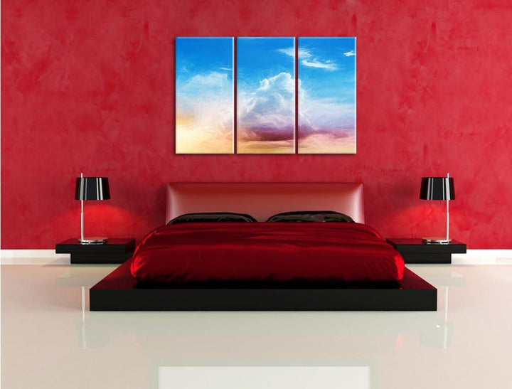 Pixxprint Wolkiger Himmel bedeckt Sonne Bunstift Effekt 3-Teiler Leinwandbild 120x80 Bild auf Leinwa