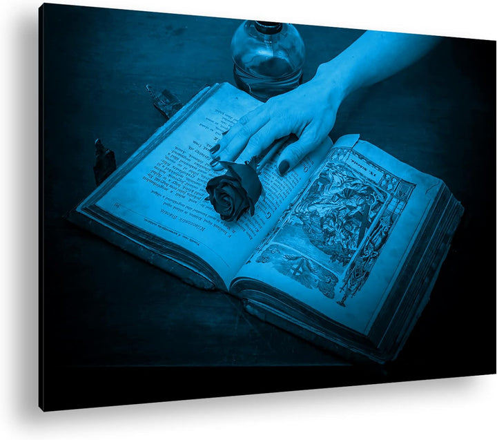 deyoli Rote Rose auf einem Antiken Buch Format 80x60 Effekt: Monocrome Blau als Leinwandbild, Motiv
