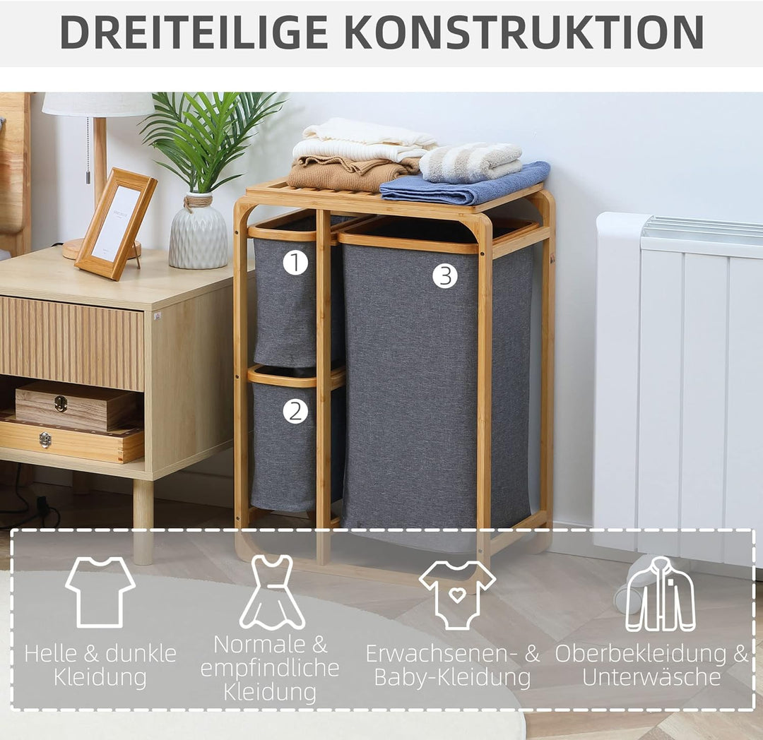 HOMCOM Wäschekorb Wäschebox mit Plattform Wäschesammler mit 3 abnehmbaren Wäschesacke Wäschesortiere