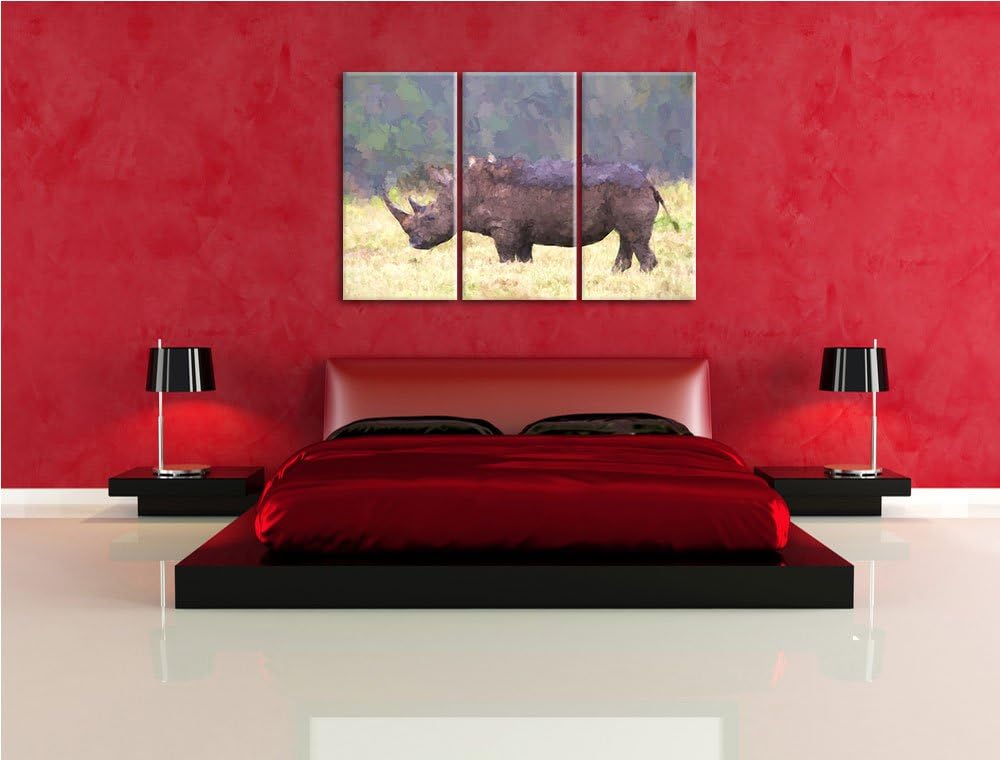 grosses Nashorn in der Savanne NewArt 3-Teiler Leinwandbild 120x80 Bild auf Leinwand, XXL riesige Bi