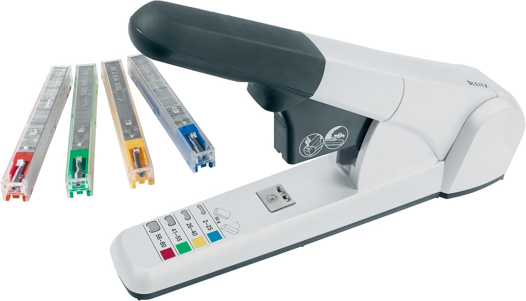 Leitz Block-Heftgerät, Für 80 Blatt, Inkl. 4 Heftklammerkassetten, Ergonomisches Design, Silber, 555