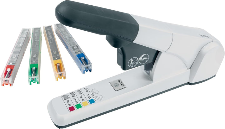 Leitz Block-Heftgerät, Für 80 Blatt, Inkl. 4 Heftklammerkassetten, Ergonomisches Design, Silber, 555