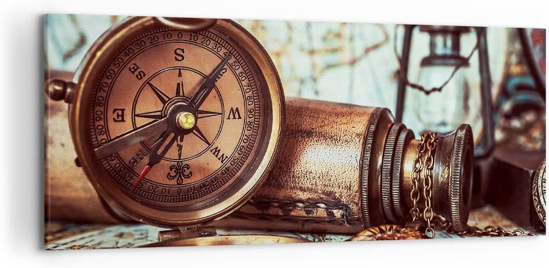 Wandbilder Dekoration Wohnzimmer Kompass Teleskop Abenteuer antik Panorama Bilder auf Leinwand 120x5