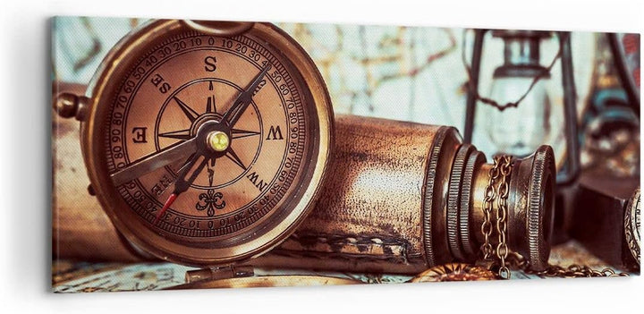 Wandbilder Dekoration Wohnzimmer Kompass Teleskop Abenteuer antik Panorama Bilder auf Leinwand 120x5