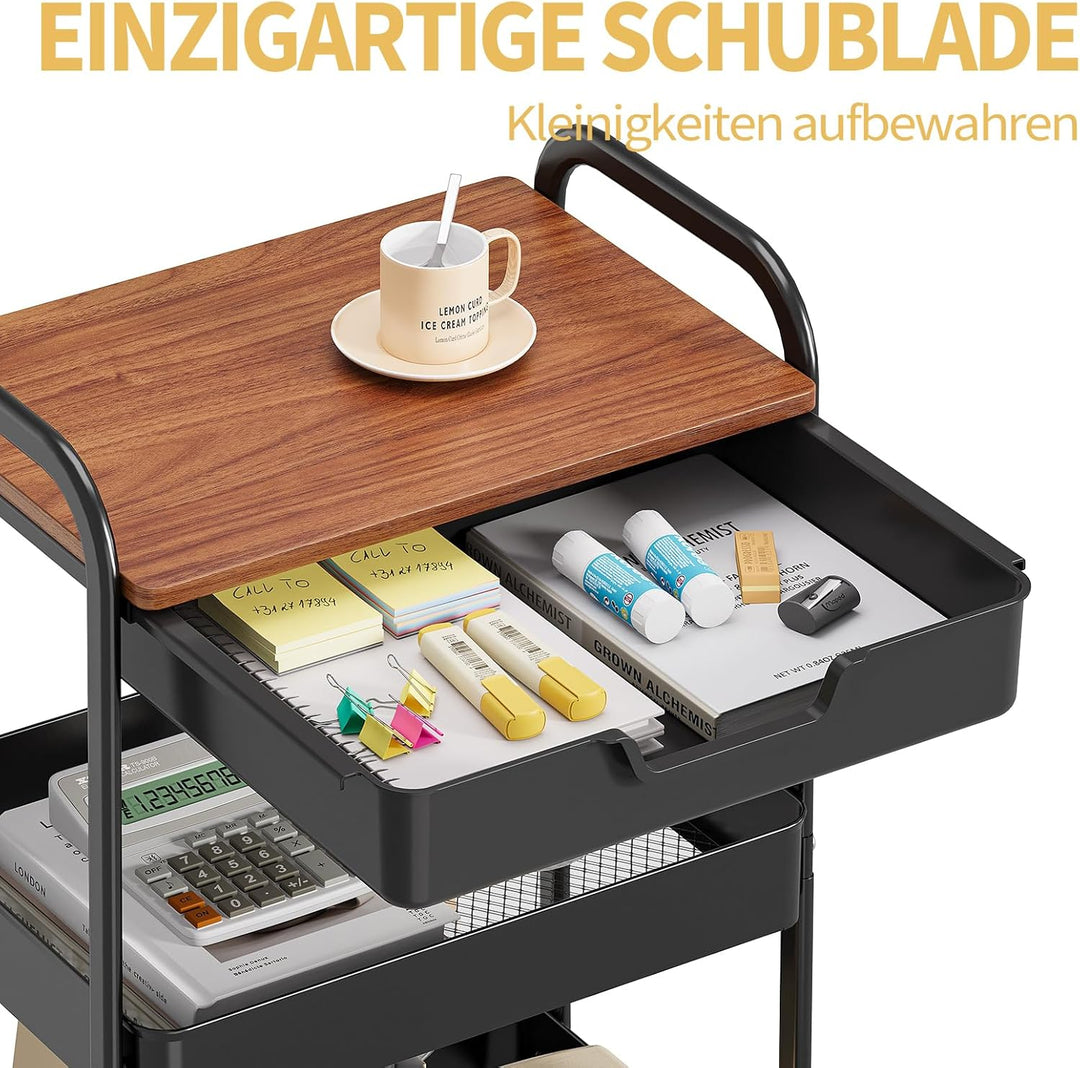 KINGRACK Aufbewahrungswagen 3-Tier mit Tischplatte, Multifunktionswagen aus Metall für Küche, Haus,