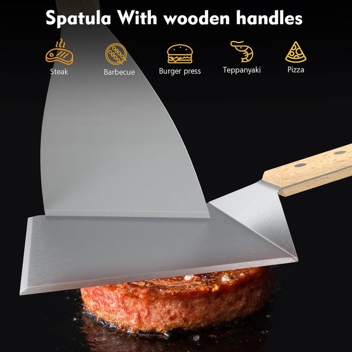 HAPPY FINDING Grillspachtel, XXL holzgriff Grillbestecksets Edelstahl Grill Zubehör mit Grillspatel-