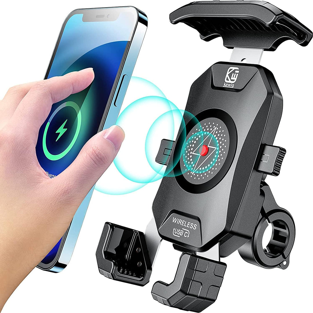 Kewig Handyhalterung Fahrrad,15W kabellos und USB-C 20W, 360° Drehbar Motorrad Fahrrad Handyhalterun