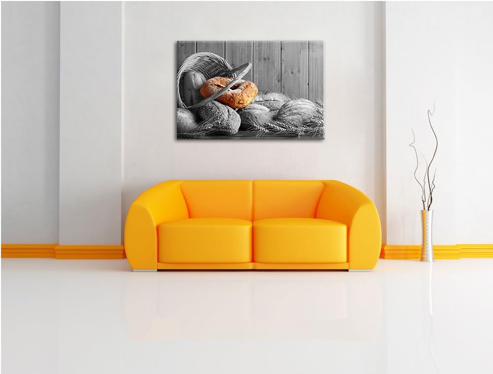 frisch gebackene Brötchen in geflochtenem Korb schwarz/weiss Format: 100x70 auf Leinwand, XXL riesig