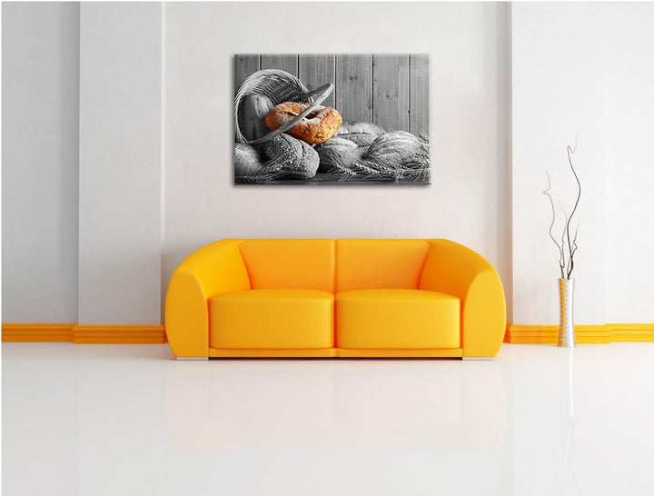 frisch gebackene Brötchen in geflochtenem Korb schwarz/weiss Format: 100x70 auf Leinwand, XXL riesig