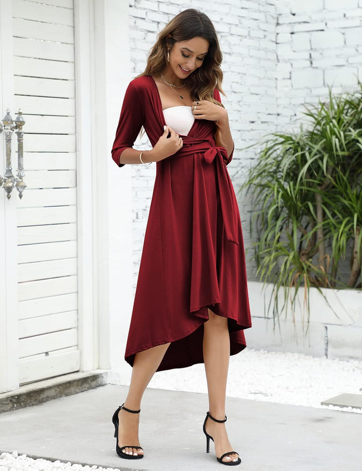 KOJOOIN Damen Umstandskleid Festlich Stillkleid V-Ausschnitt 3/4 Ärmel Schwangerschaftskleid mit Tai