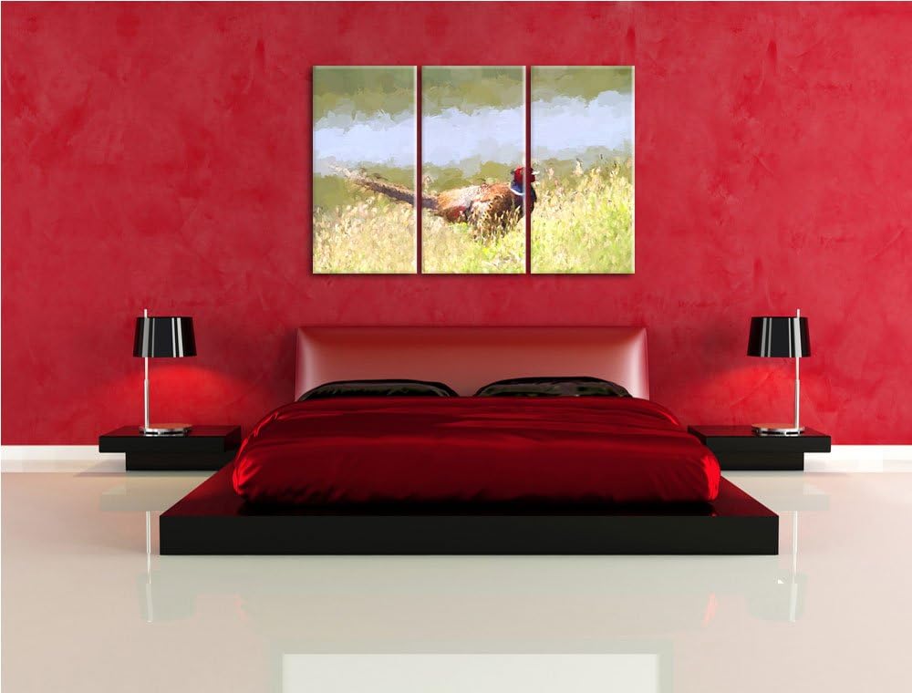 farbenprächtiger Fasan auf Frühlingswiese NewArt 3-Teiler Leinwandbild 120x80 Bild auf Leinwand, XXL