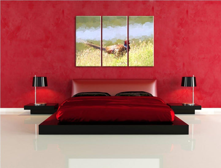 farbenprächtiger Fasan auf Frühlingswiese NewArt 3-Teiler Leinwandbild 120x80 Bild auf Leinwand, XXL